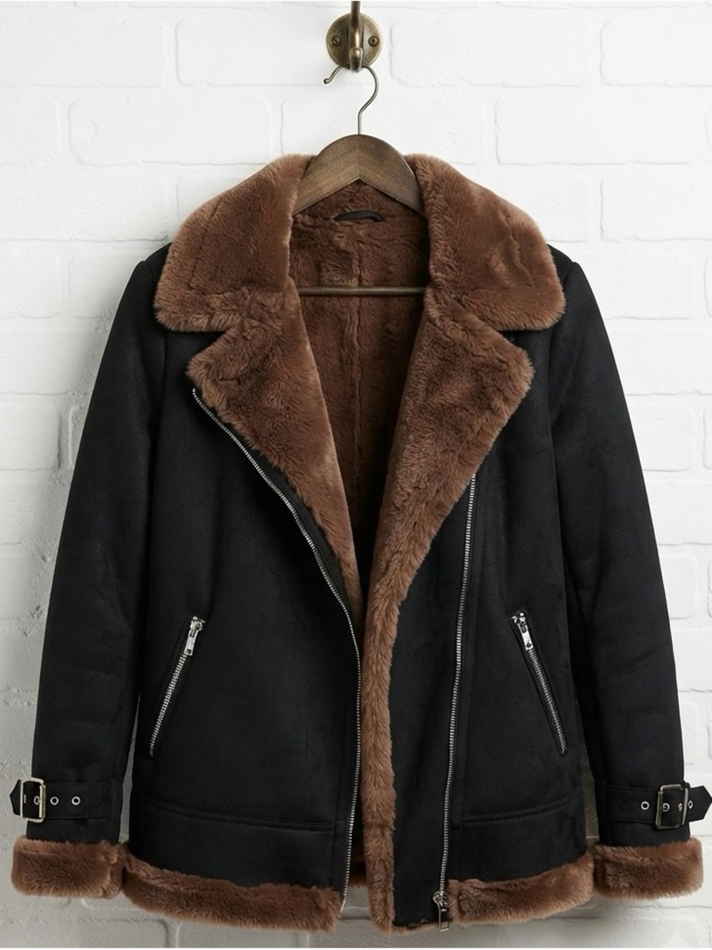 Hollister Black Jacket with Brown Faux Fur Trim - So Soft & Comfy NWOT